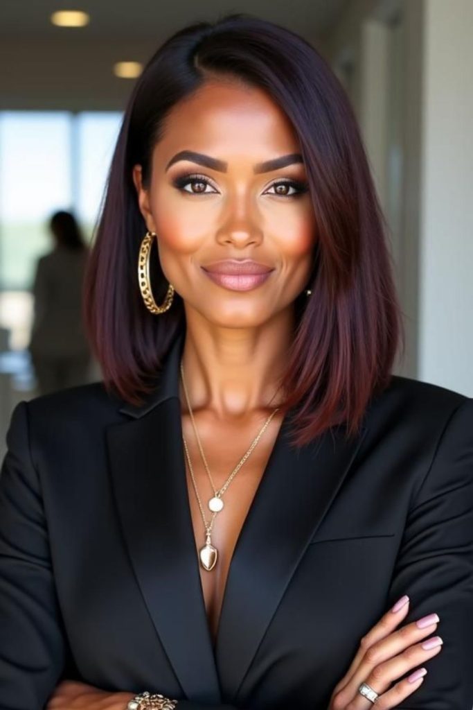 Amber-threaded glossy sleek style.