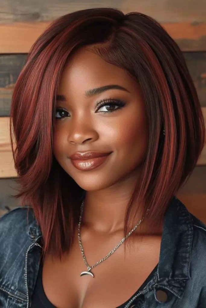 Auburn sleek straight hairstyle sunset tone.