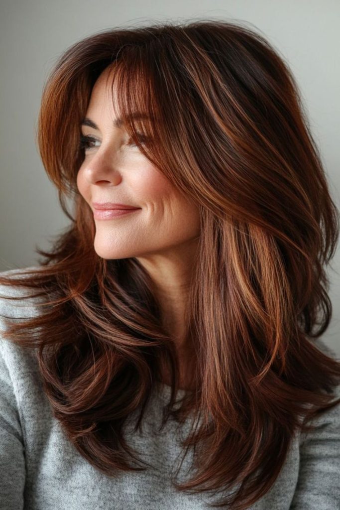 Auburn brunette hair with subtle warmth.