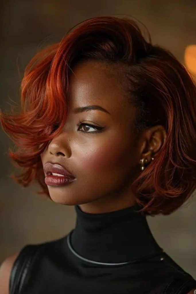 Auburn bob glowing in winter light.