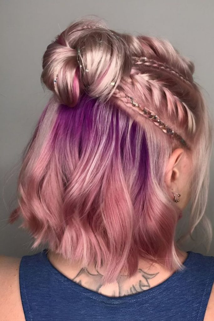 Aurora braid with colorful thread shimmer.