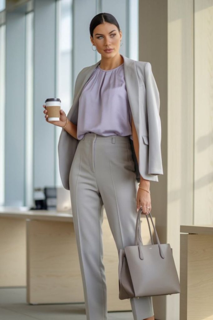 Elegant silk blouse with gray trousers.