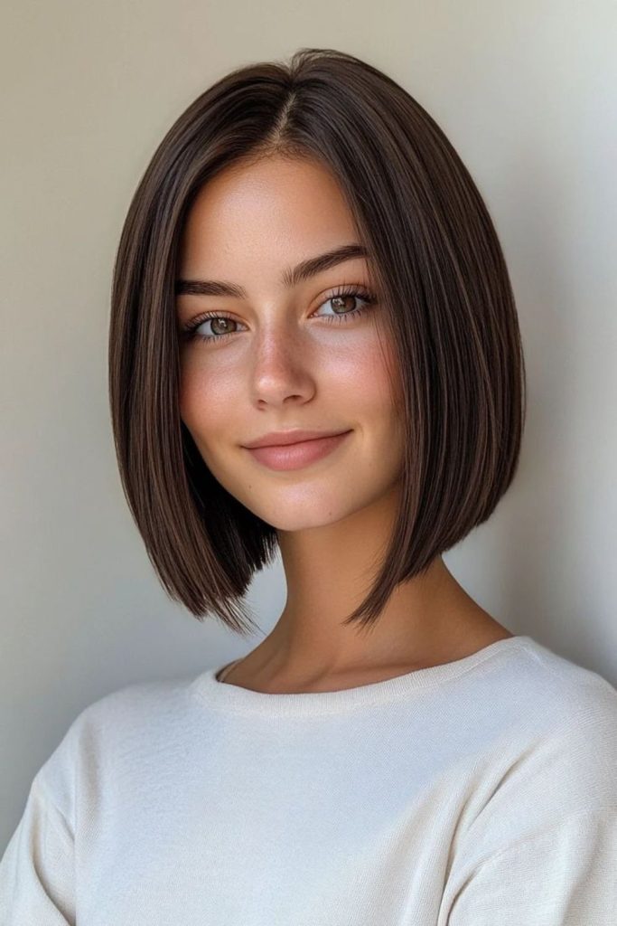 Sleek blunt bob with sharp edges.