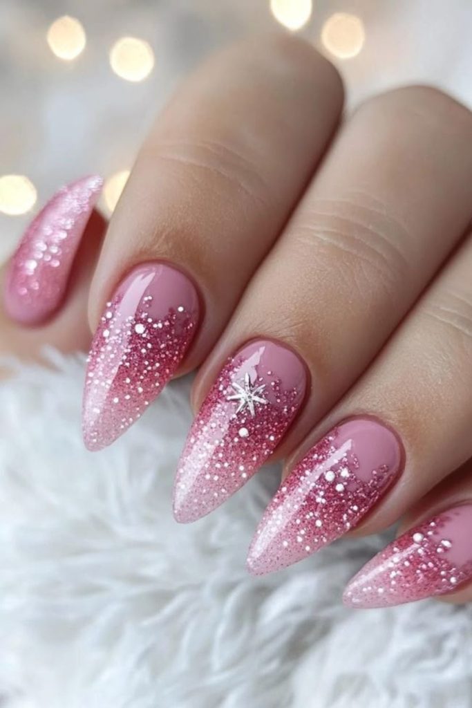 Blush crystal tip holiday manicure.