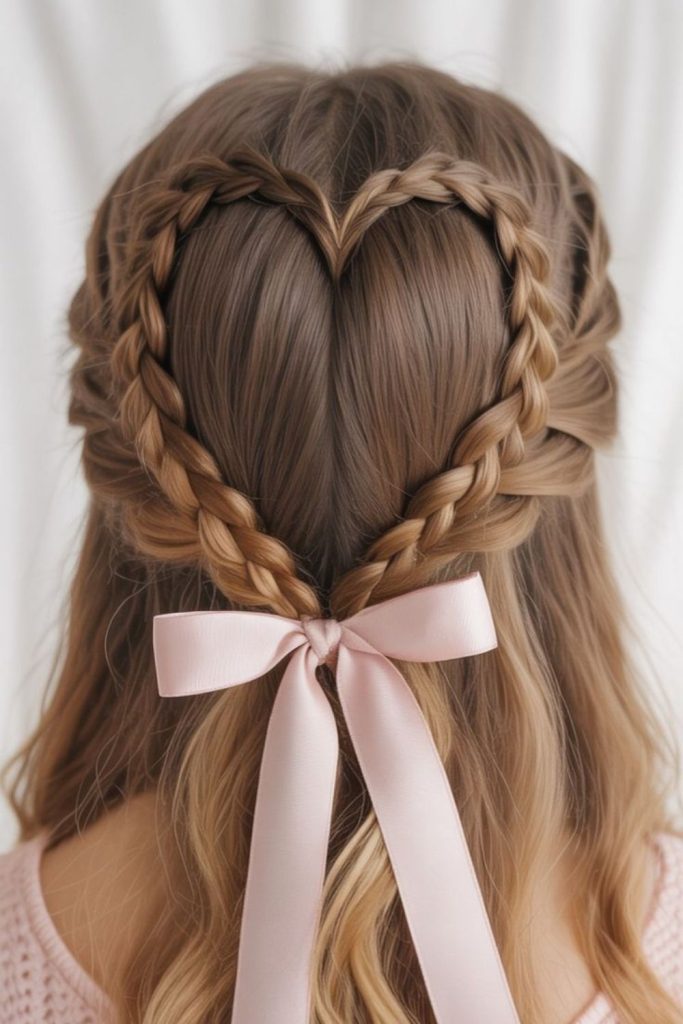 Braided heart hairstyle with ribbons.
