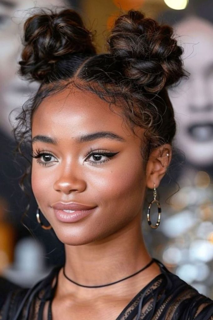 Braided space buns with celestial flair.