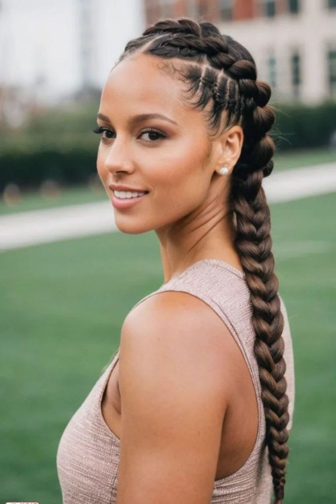 Braided ponytail gleaming in snowy air.