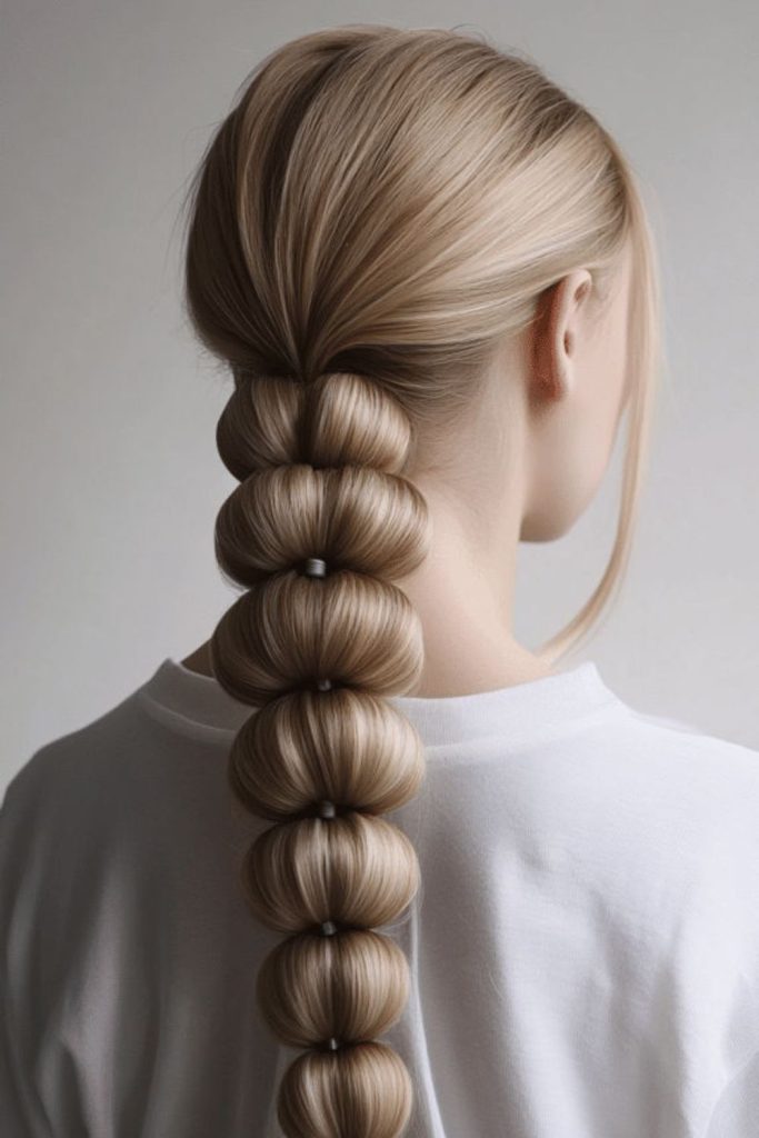 Low bubble ponytail with volume.