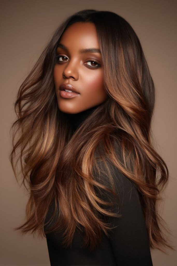 Burnt honey straight hairstyle warm shine.