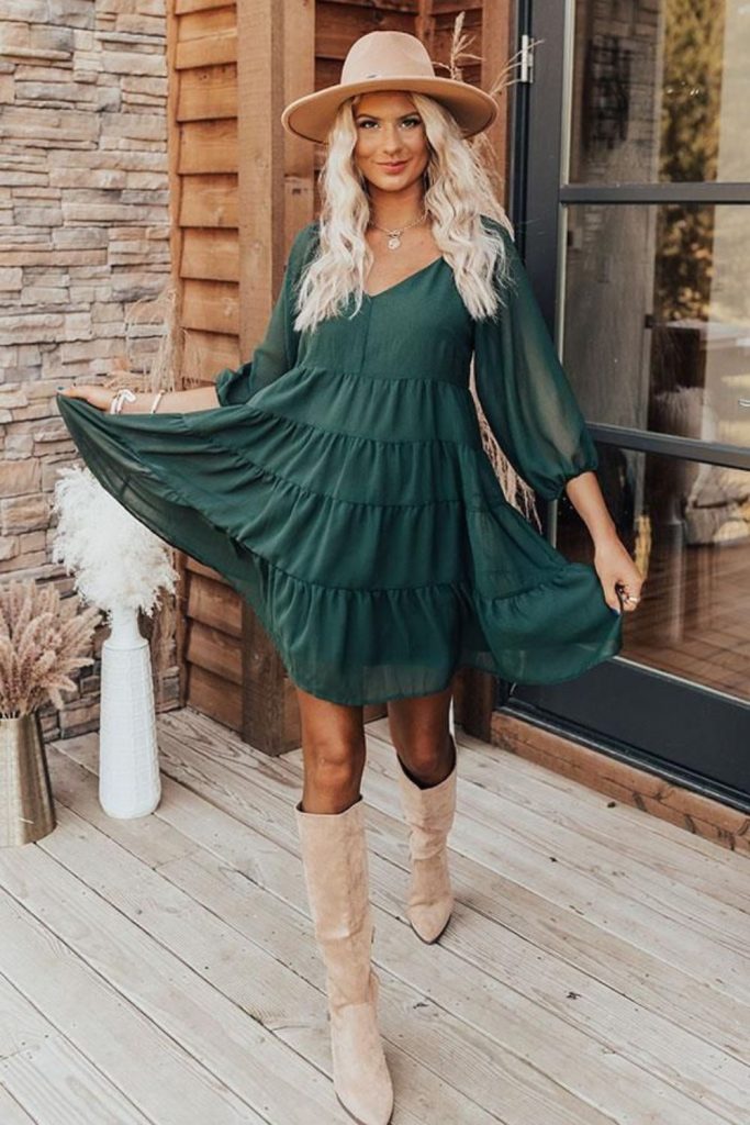 Emerald cactus dress with white boots.