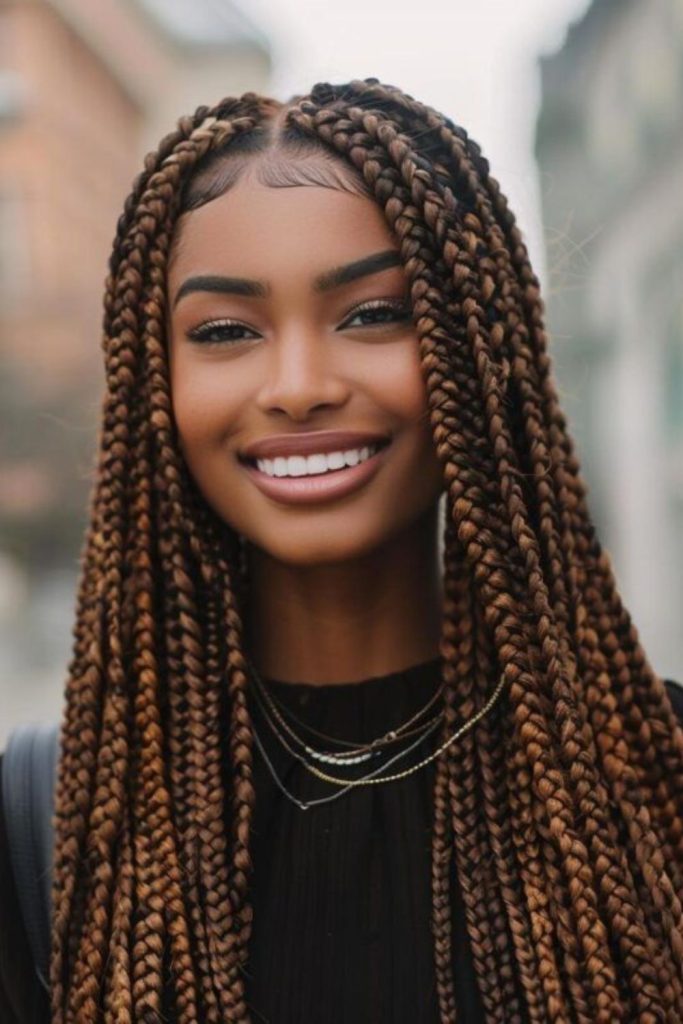 Caramel box braids winter look