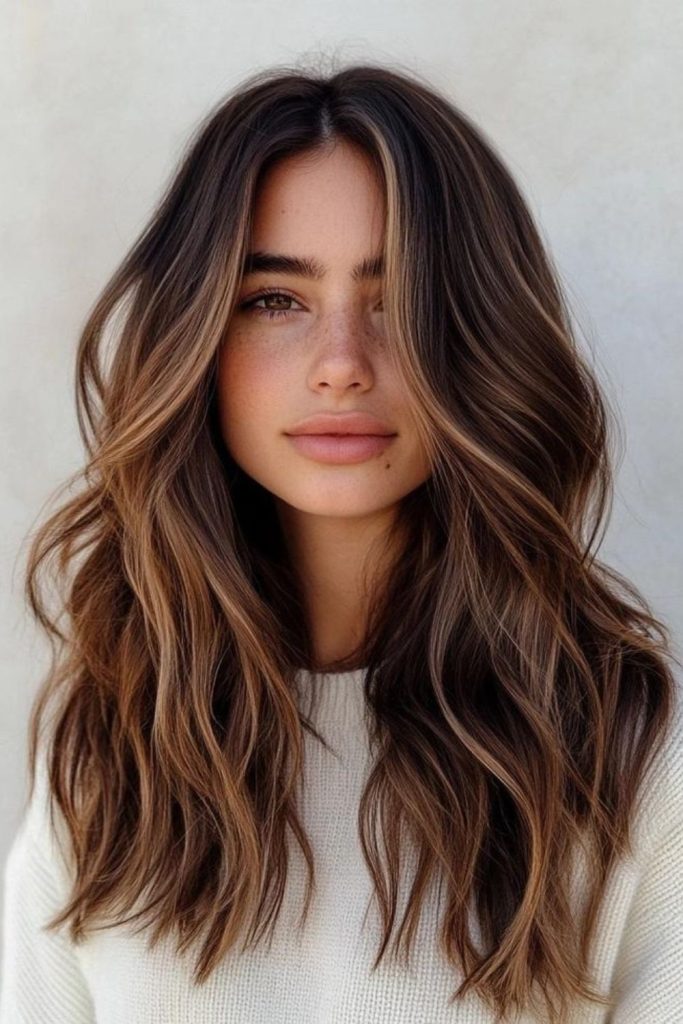 Brunette hair with caramel ribbon highlights.