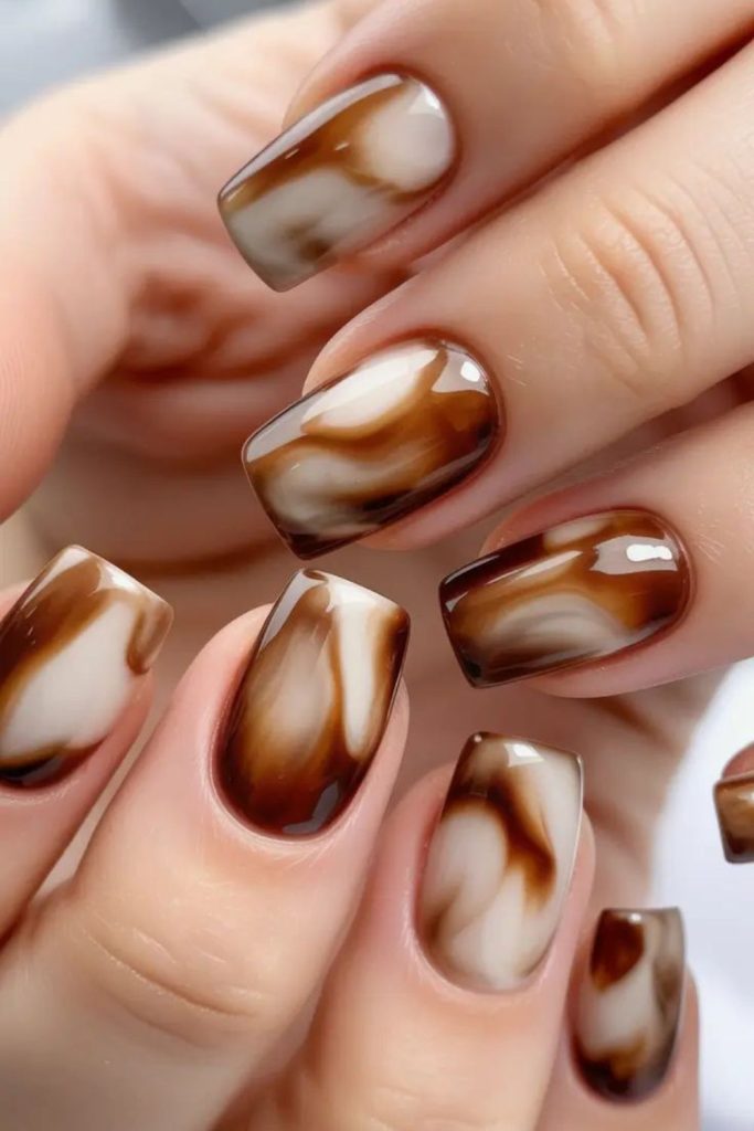 Caramel gray smoky fade nails.