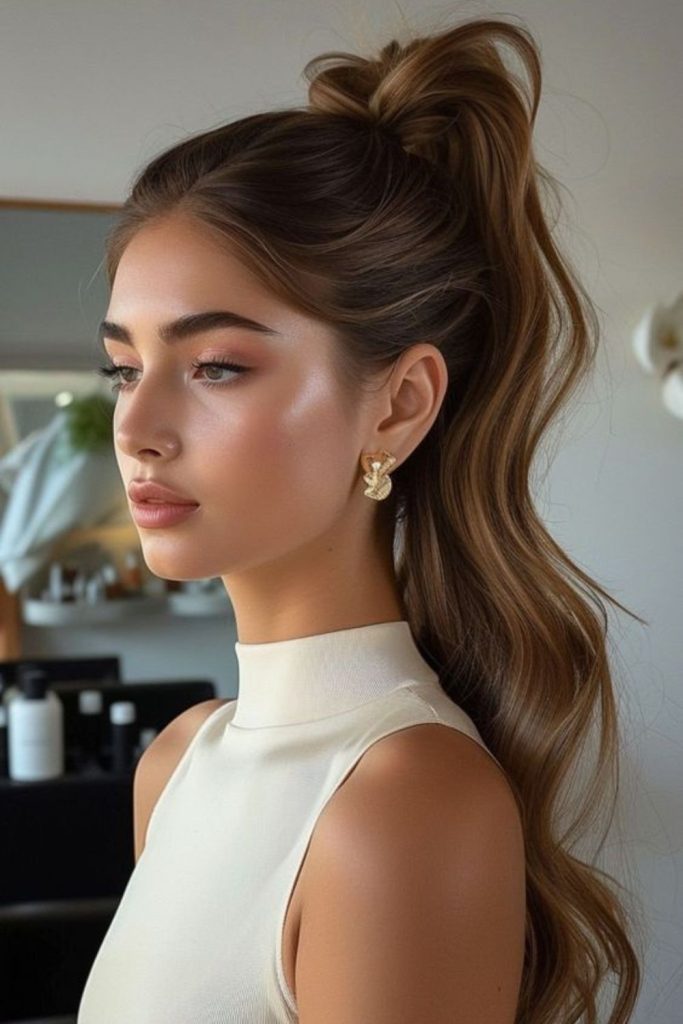 High sleek ponytail with volume.