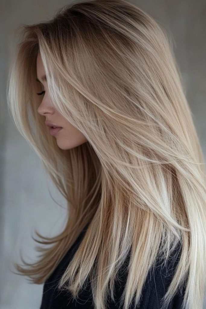 Soft champagne straight hair glow.
