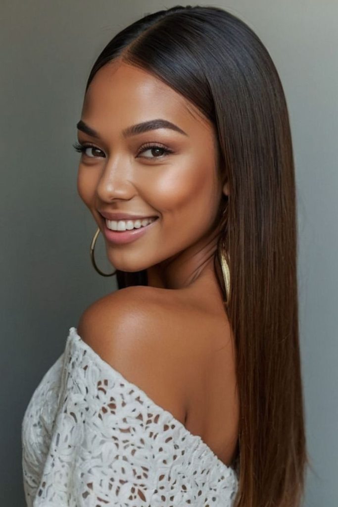 Champagne sleek straight hairstyle golden shine.