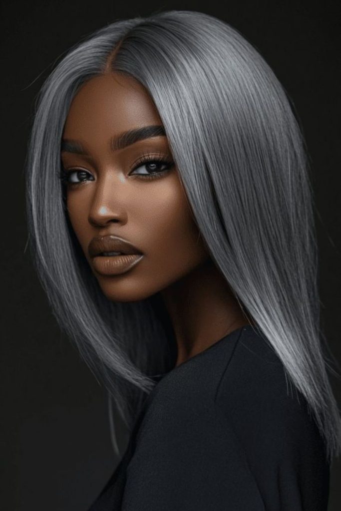 Charcoal mist sleek straight hairstyle glow.