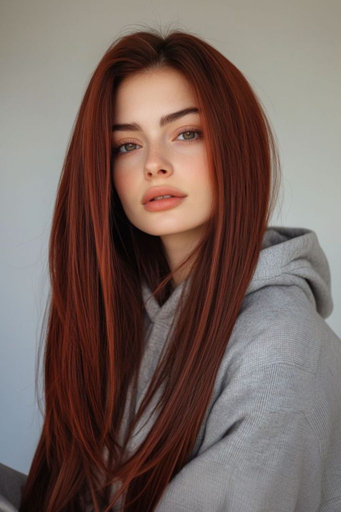 Cherry red sleek fiery strands.
