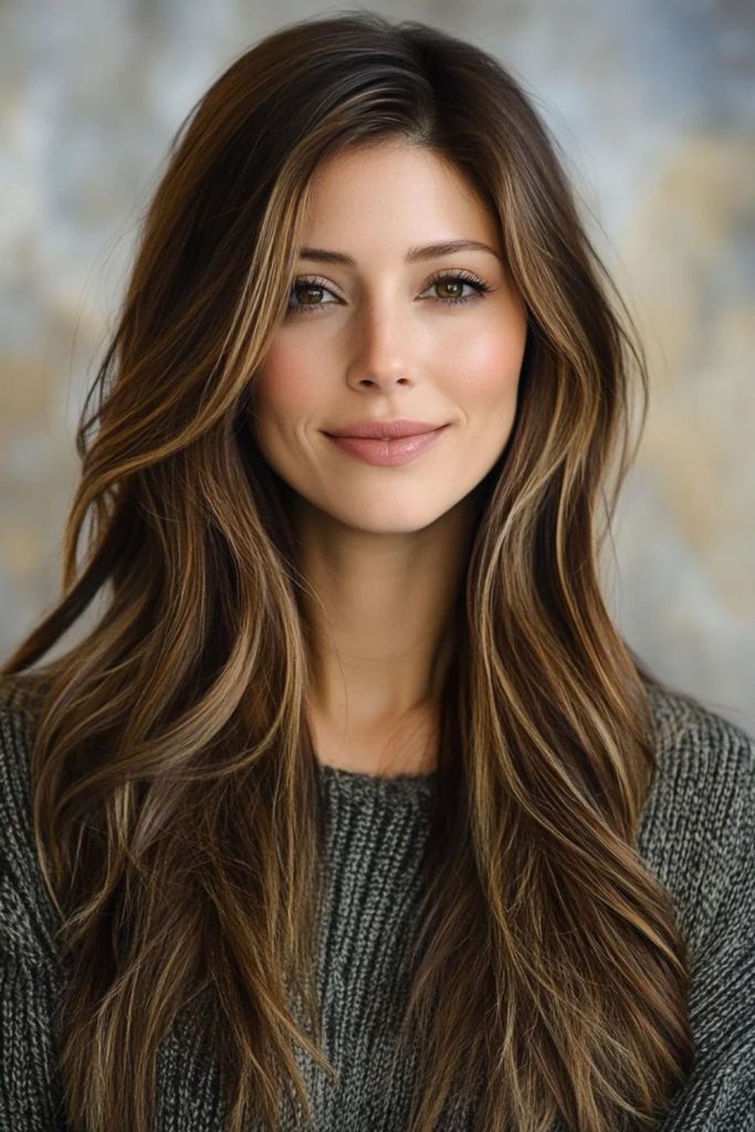 Chestnut brown polished straight locks.