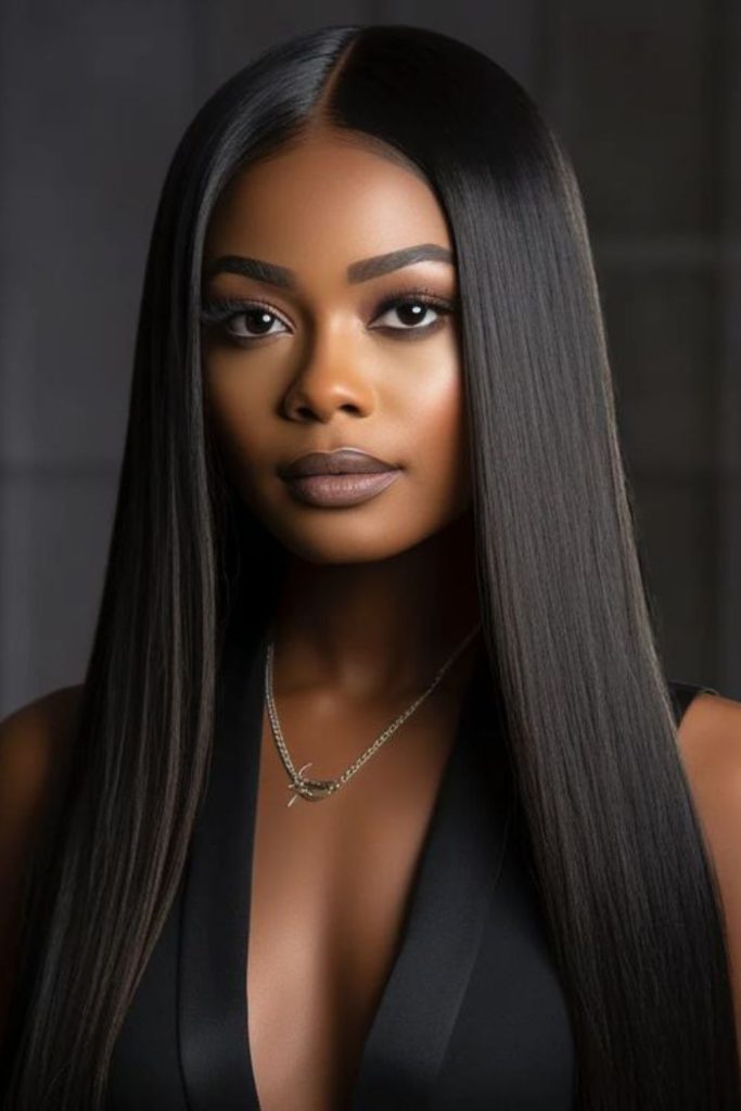 Sleek middle part straight look.