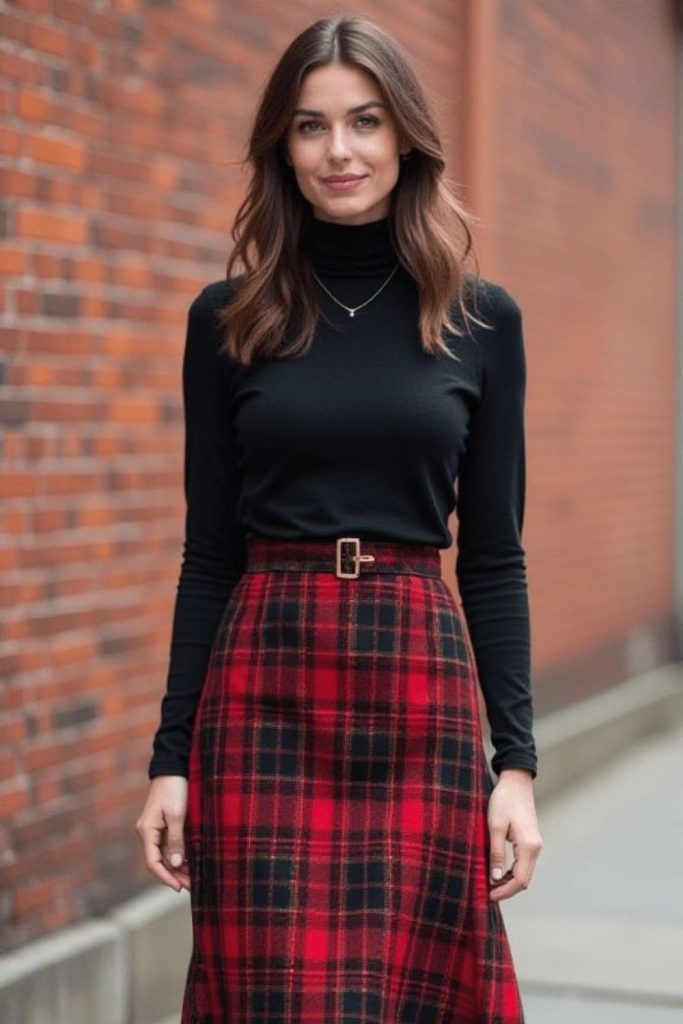 Ribbed turtleneck and plaid skirt combo.