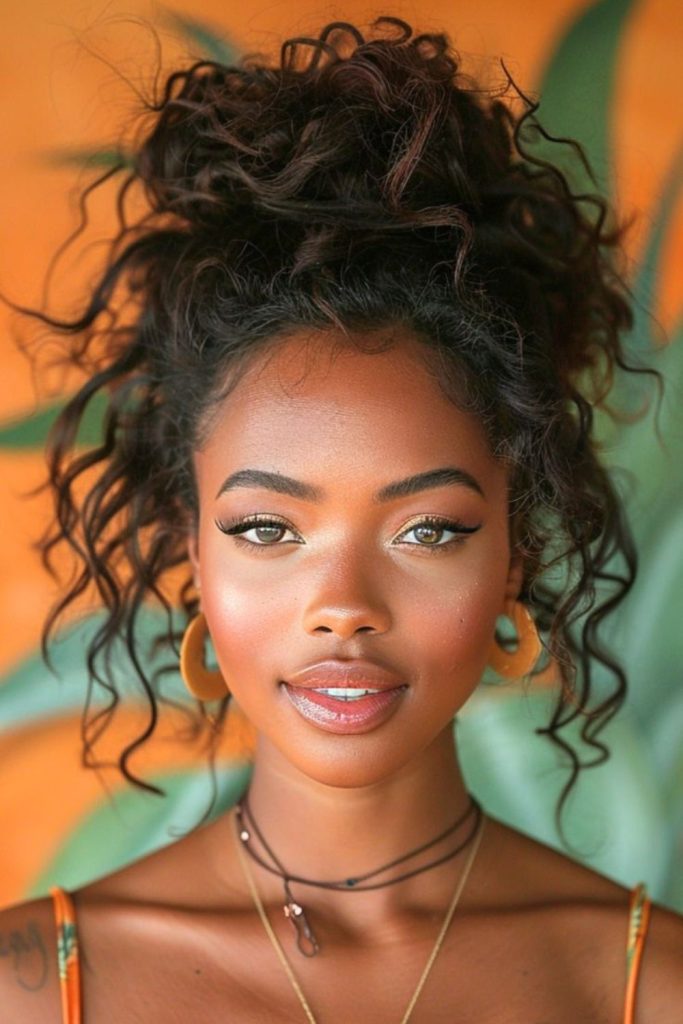 Voluminous chocolate puff with radiant curls.