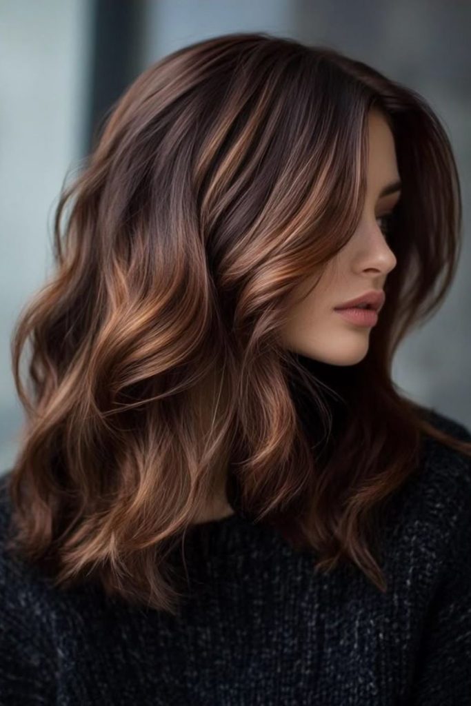 Chocolate brown hair with copper touch.