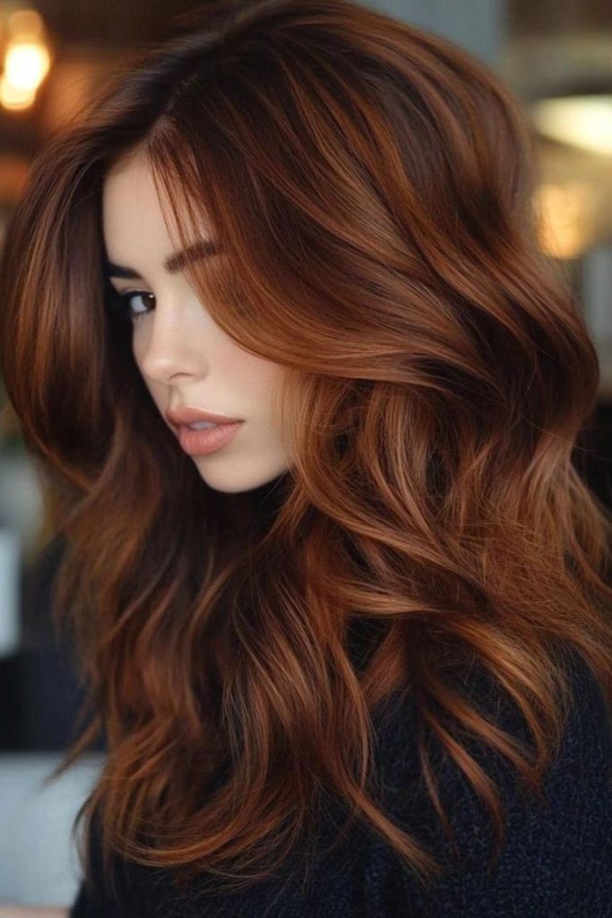 Cinnamon-toned brunette with fiery shimmer.