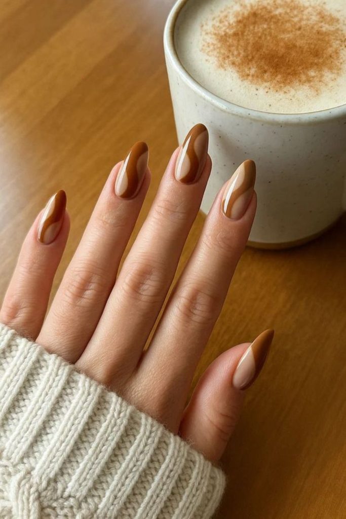 Warm caramel beige November nail design.