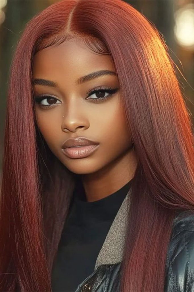 Mocha-toned precise sleek hair.