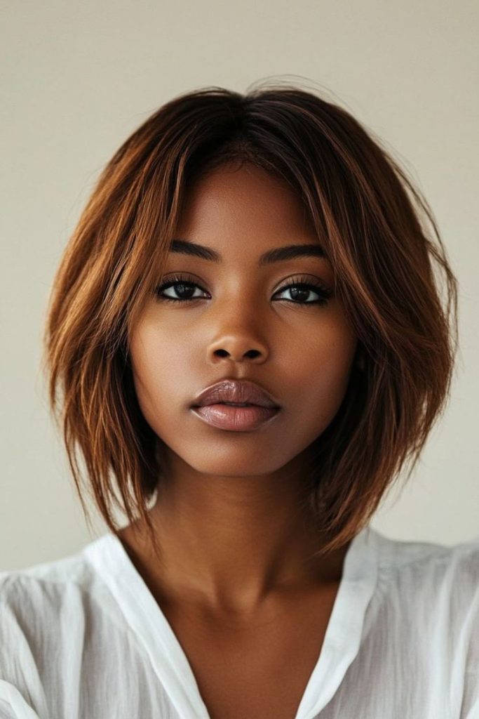 Chocolate-toned silky straight look.