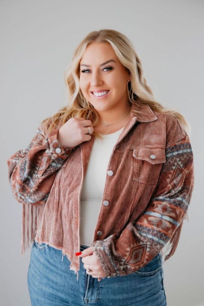 Bronze crop jacket flare jeans.