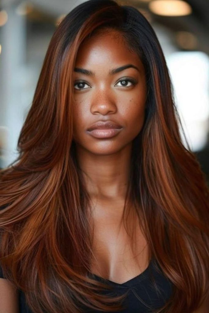 Copper straight flame-inspired sleek hairstyle.