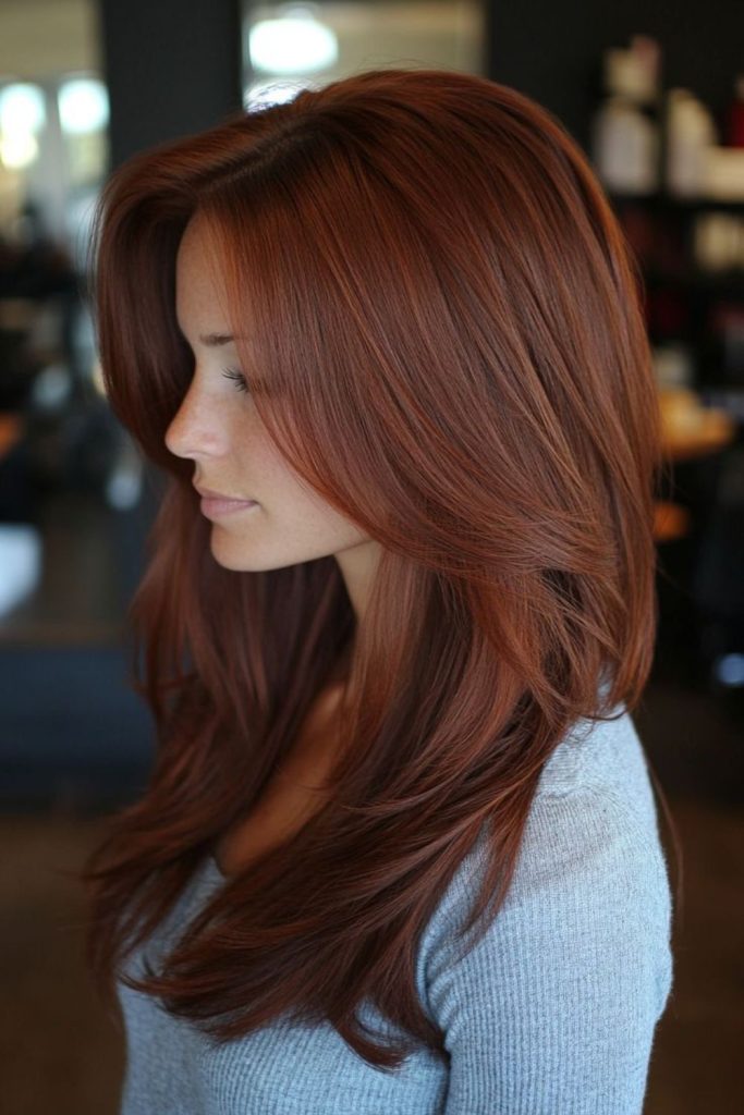 Copper-toned glossy straight locks.