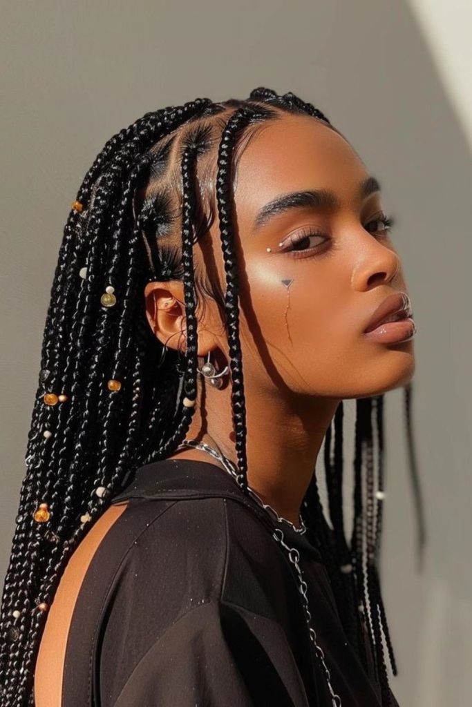 Braids decorated with metallic beads.