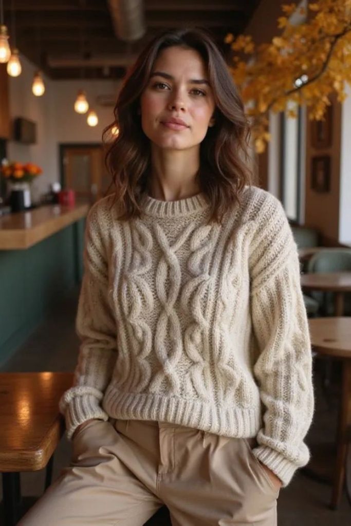 Cozy monochrome beige minimalist outfit idea.