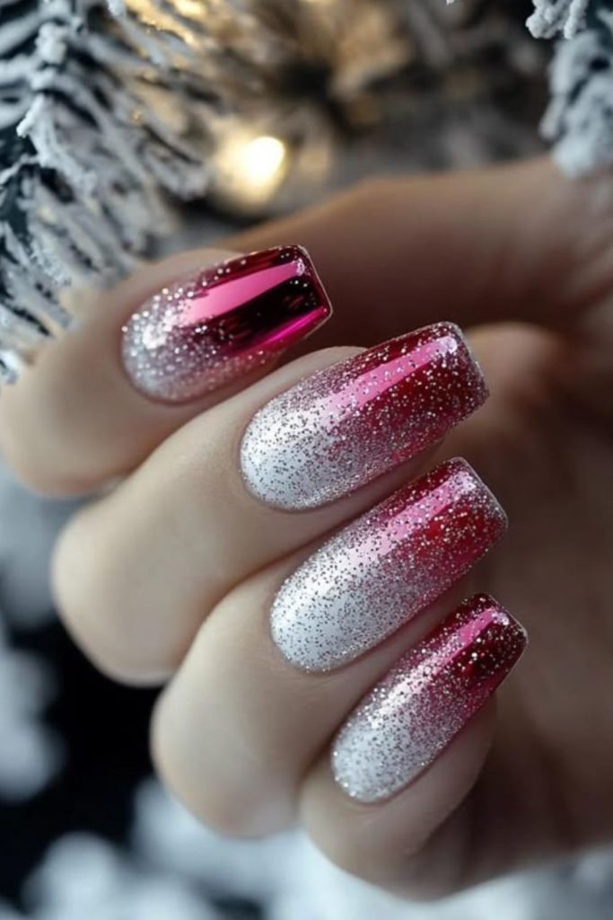 Cranberry and silver frosted nails.