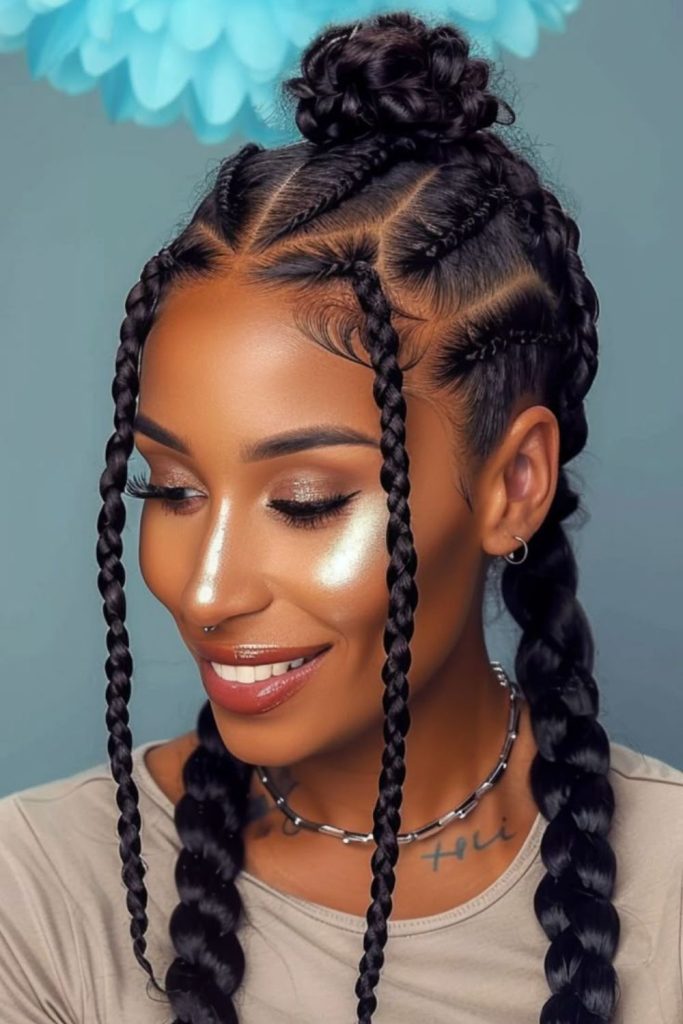 Crowned bubble braids with gold cuffs.