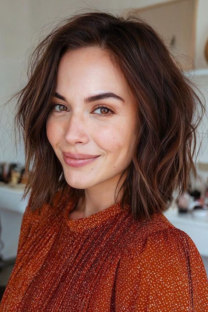 Sleek blunt layered crystal bob.