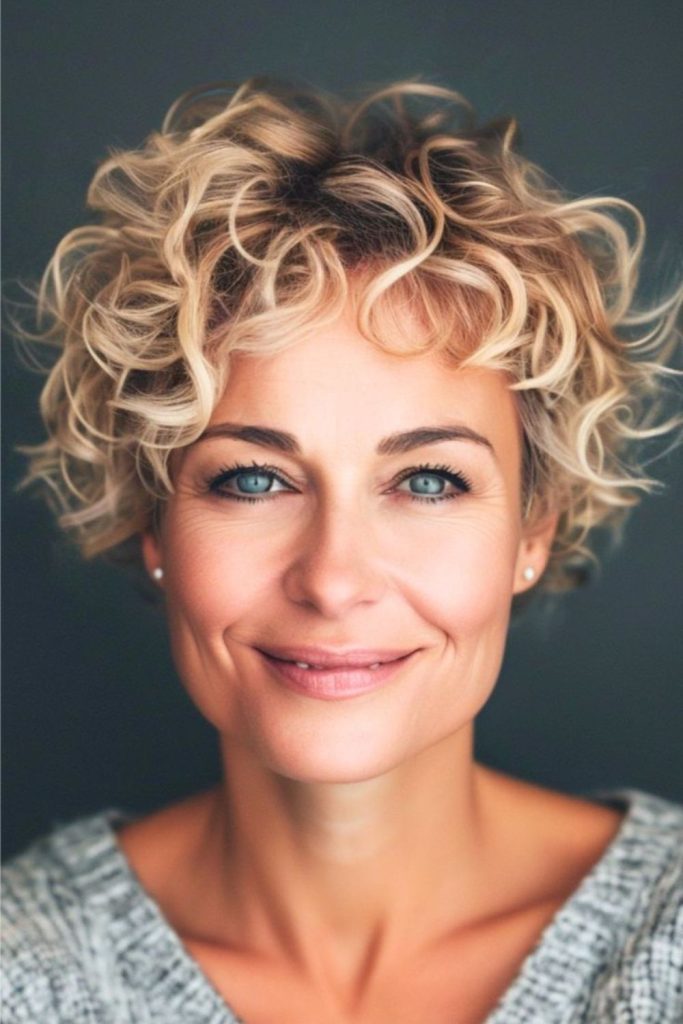 Champagne-toned short curly hairstyle.