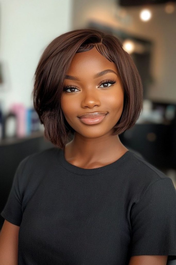Cocoa toned straight hairstyle refined smoothness.
