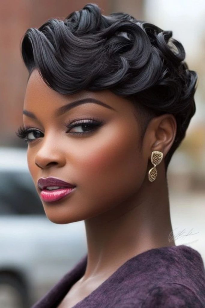 Deep jet finger waves with sheen.