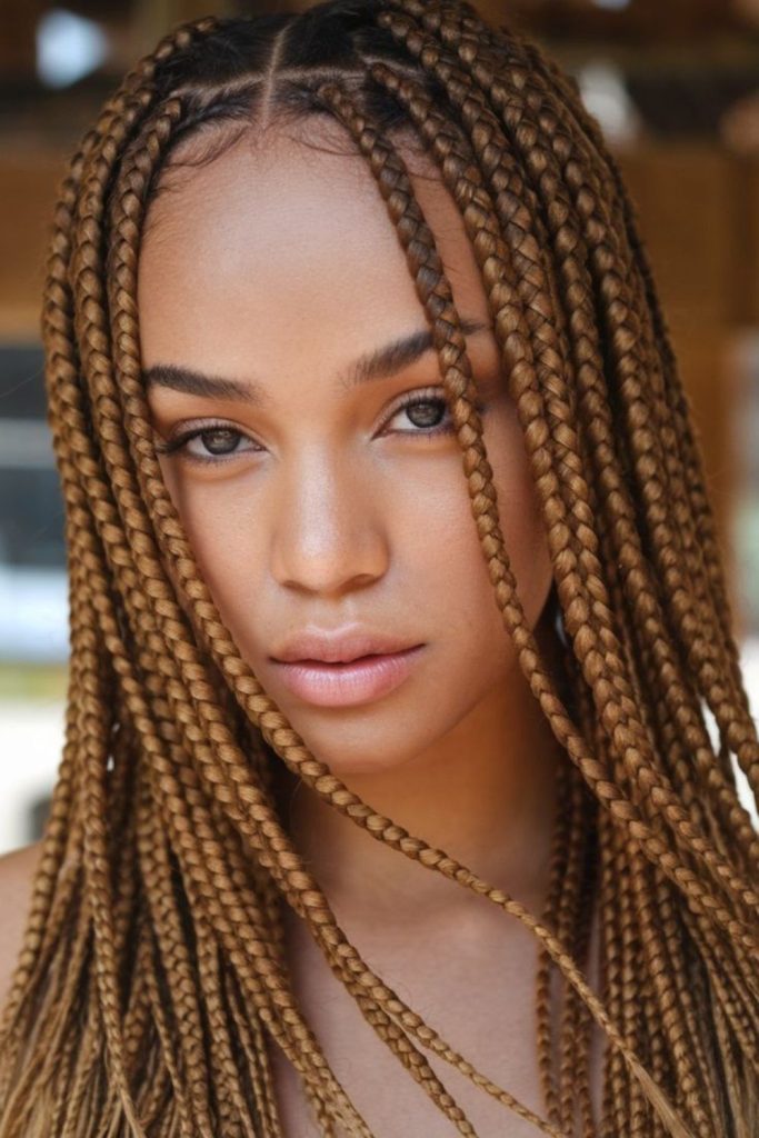 Warm copper braids flowing naturally.