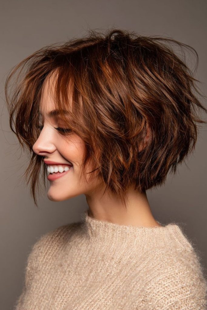 Tousled micro bob with airy volume.