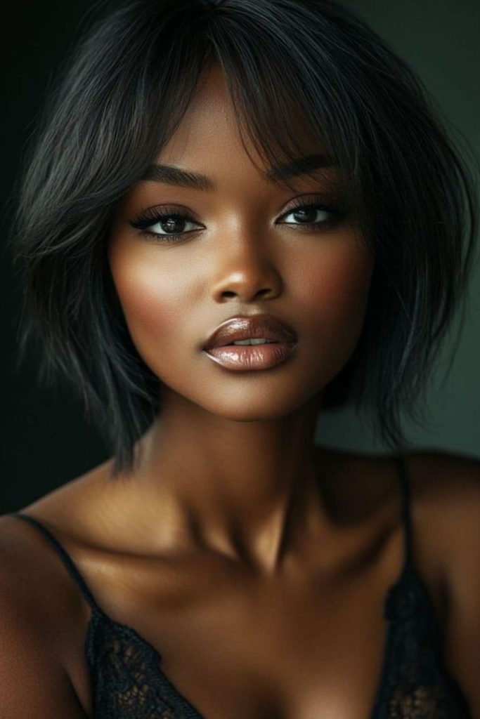 Polished tapered ends black hair.