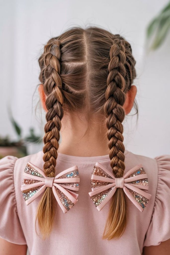Double Dutch braids with bright bands.