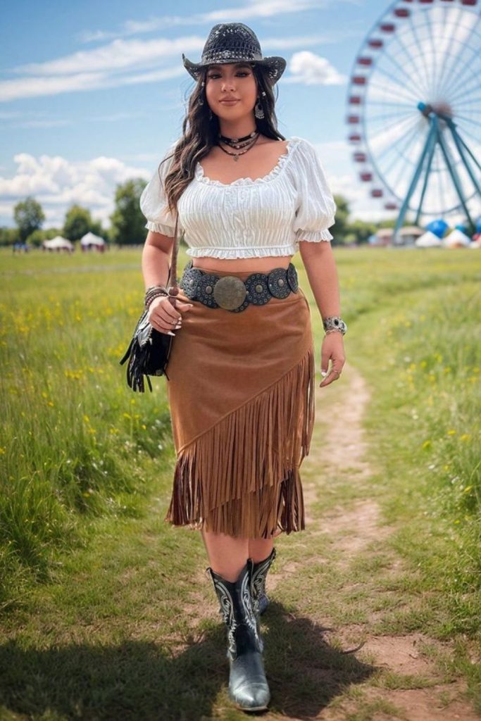 Cream blouse caramel leather skirt.