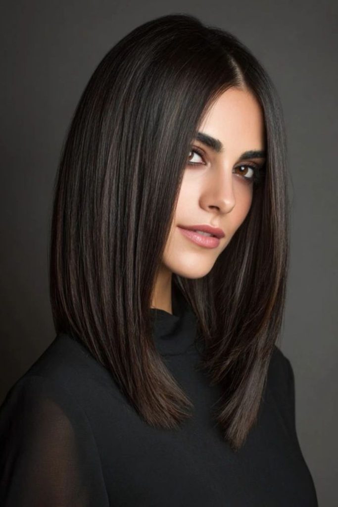 Glossy ebony mirror-like straight hair.