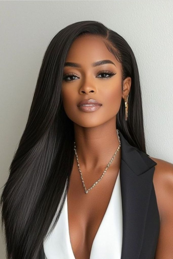 Smooth ebony hairstyle with shine.