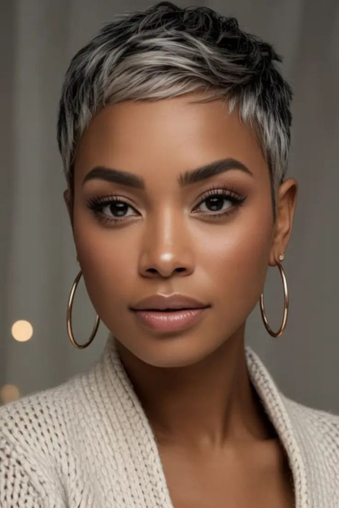 Short ebony pixie glowing with confidence.